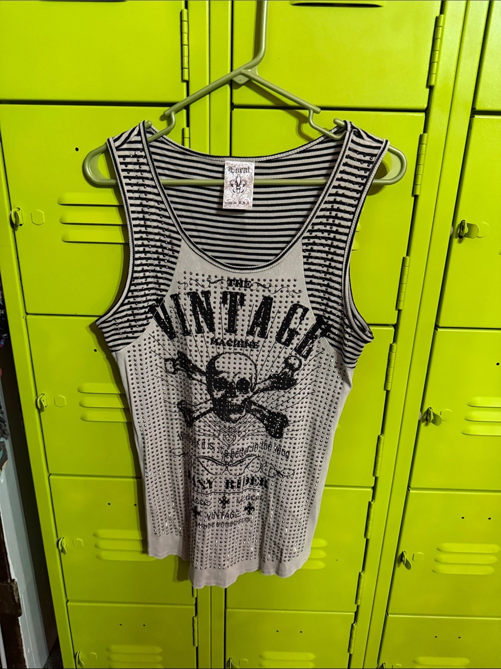 Vocal Beige and Black Striped Skull Tank Top